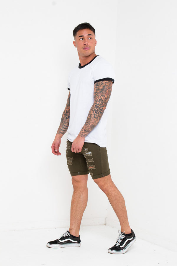 liquor & poker Khaki Ripped Skinny Stretch Denim Shorts