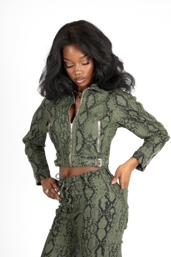 Liquor & Poker Khaki Snake Print Cropped Denim Jacket