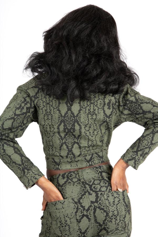 Liquor & Poker Khaki Snake Print Cropped Denim Jacket