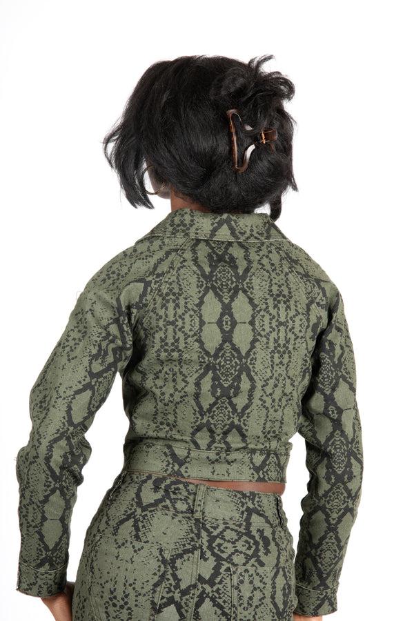 Liquor & Poker Khaki Snake Print Cropped Denim Jacket