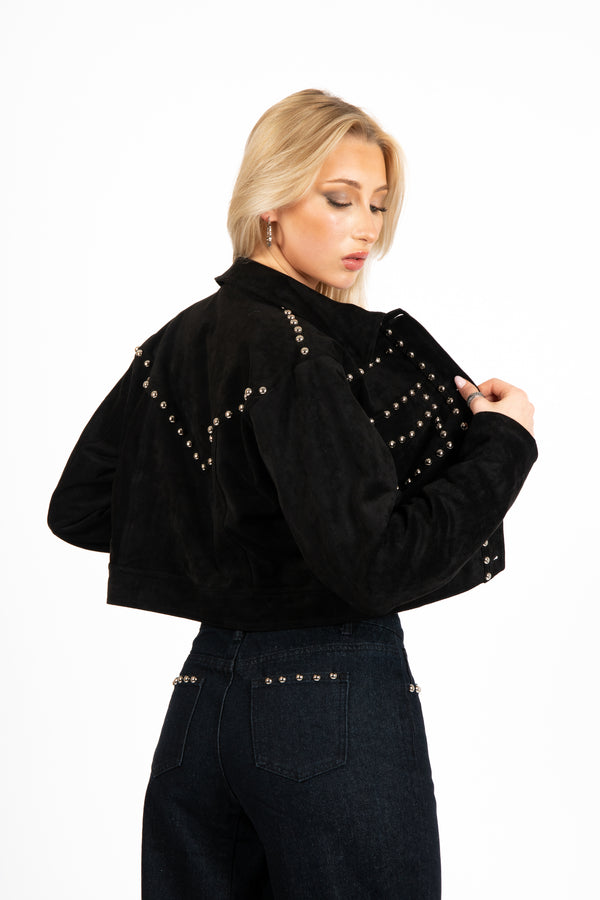 Liquor & Poker Liquor N Poker Black Suede Stud Detail Crop Jacket – Lightweight Layering