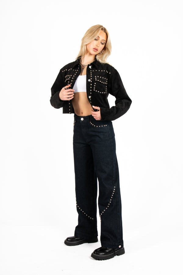 Liquor & Poker Liquor N Poker Black Suede Stud Detail Crop Jacket – Lightweight Layering
