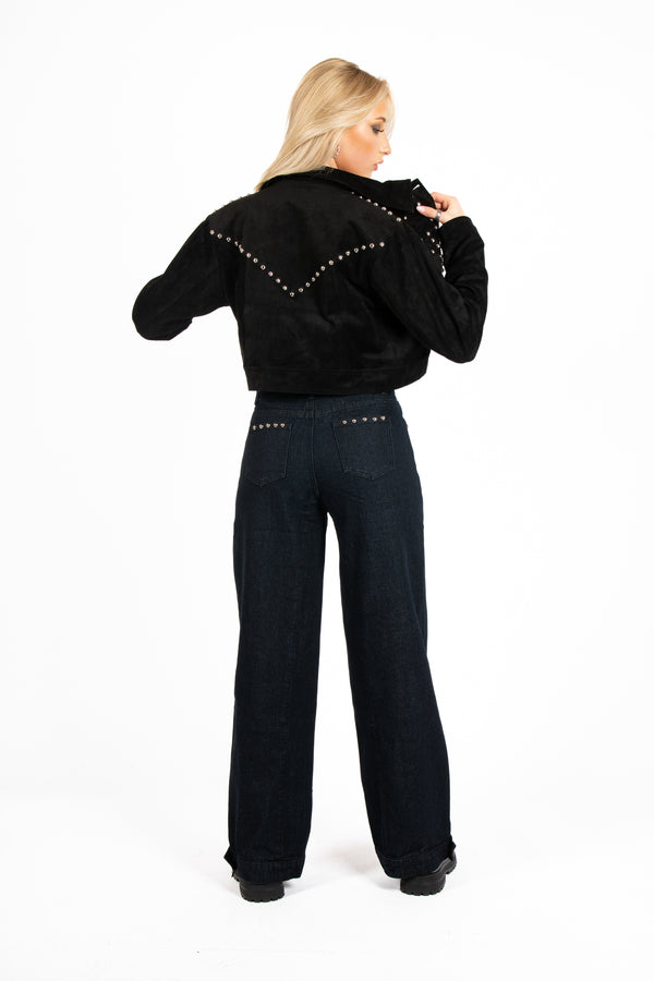 Liquor & Poker Liquor N Poker Black Suede Stud Detail Crop Jacket – Lightweight Layering