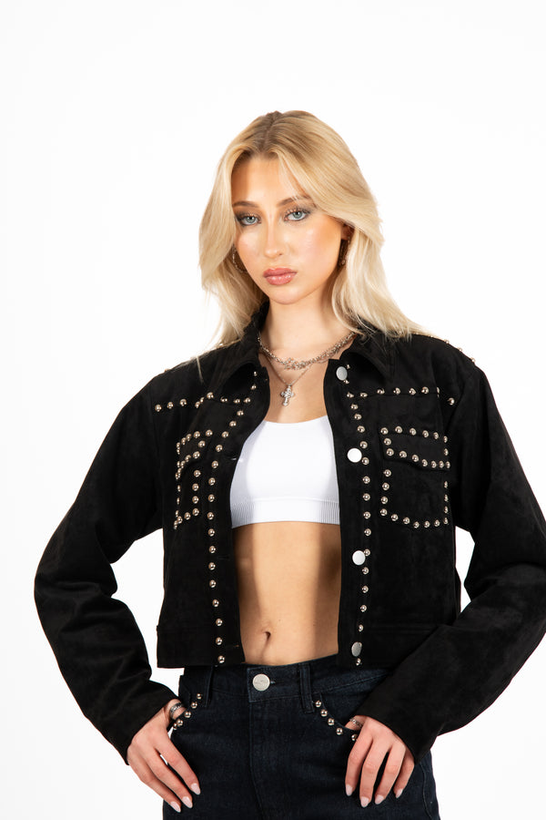 liquor & poker Liquor N Poker Black Suede Stud Detail Crop Jacket – Lightweight Layering