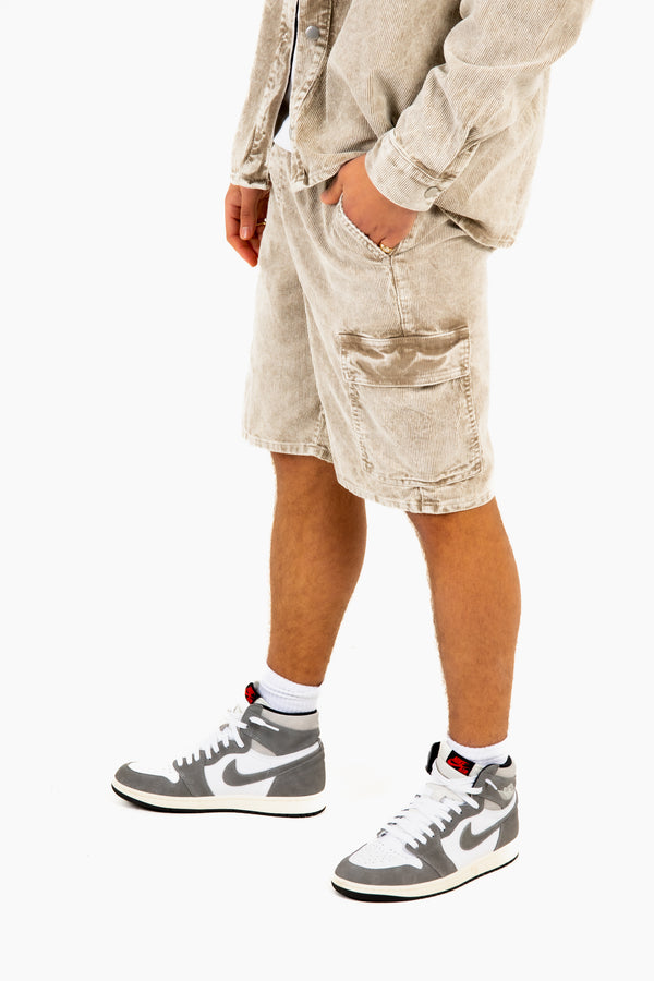 Liquor & Poker Acid Wash Beige Corduroy Cargo Shorts