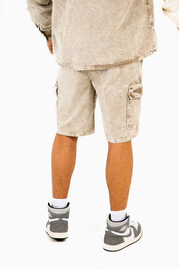 Liquor & Poker Acid Wash Beige Corduroy Cargo Shorts