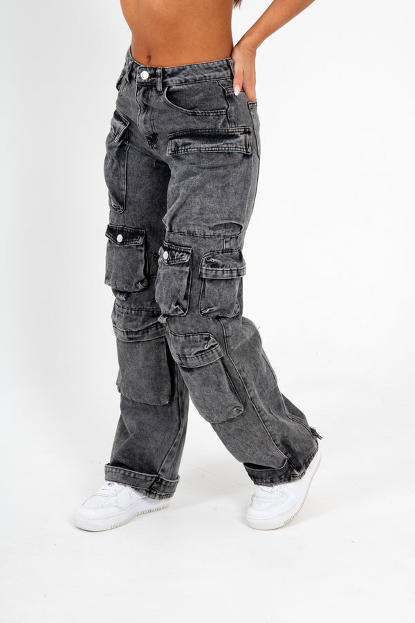 Liquor & Poker Acid Wash Black Denim Wide Leg Cargo