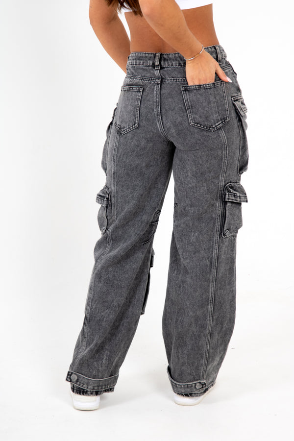 Liquor & Poker Acid Wash Black Denim Wide Leg Cargo