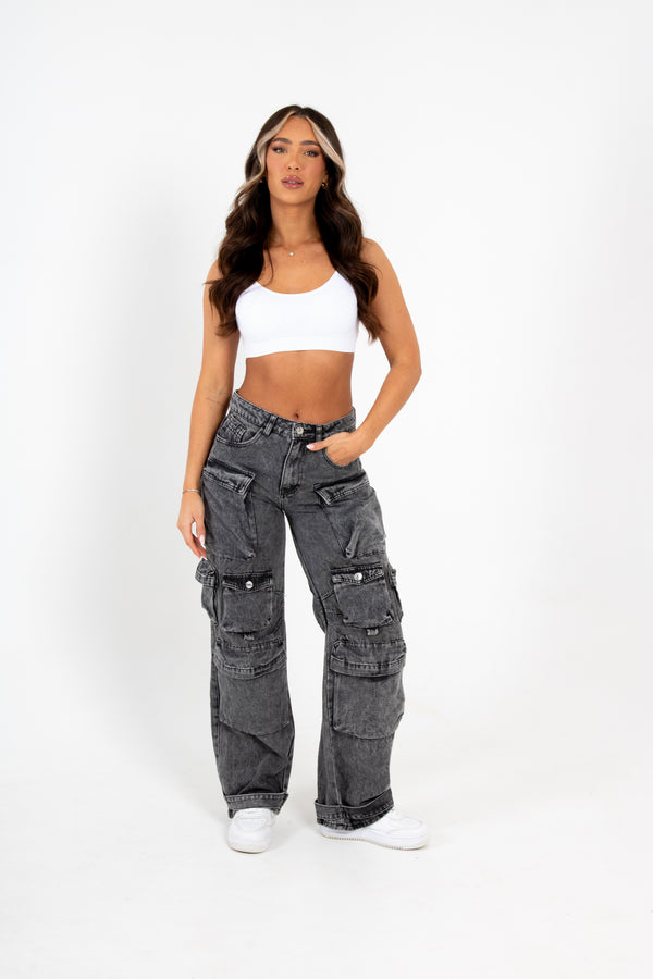 Liquor & Poker Acid Wash Black Denim Wide Leg Cargo
