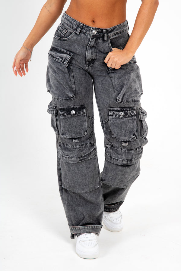 liquor & poker Acid Wash Black Denim Wide Leg Cargo