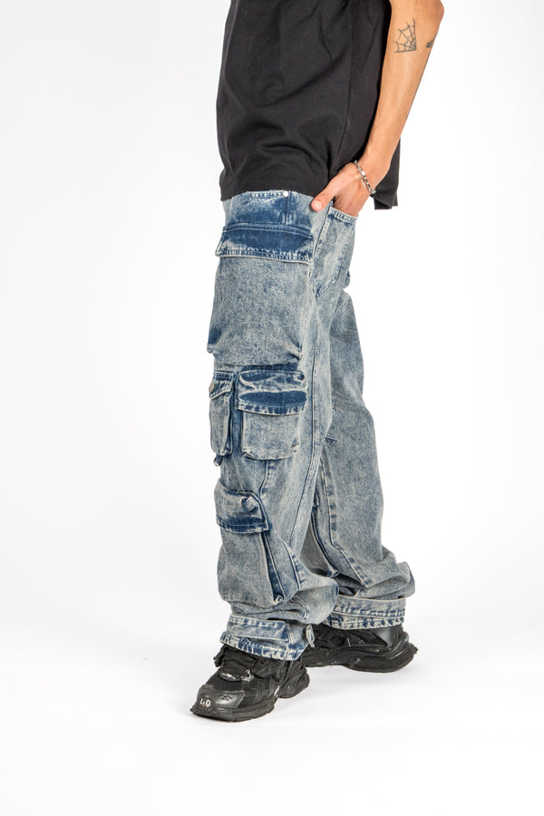 Liquor & Poker Acid Wash Blue Baggy Cargo
