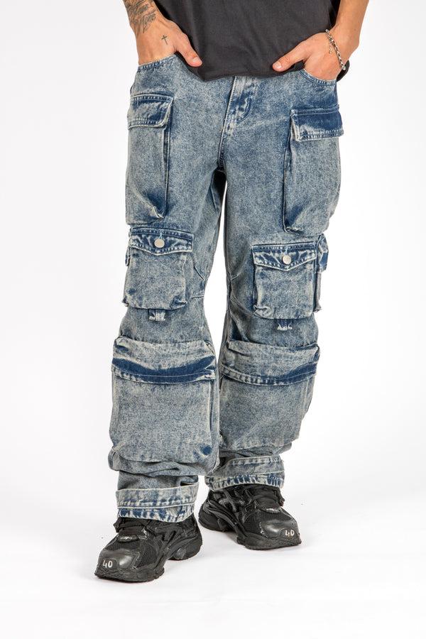 liquor & poker Acid Wash Blue Baggy Cargo
