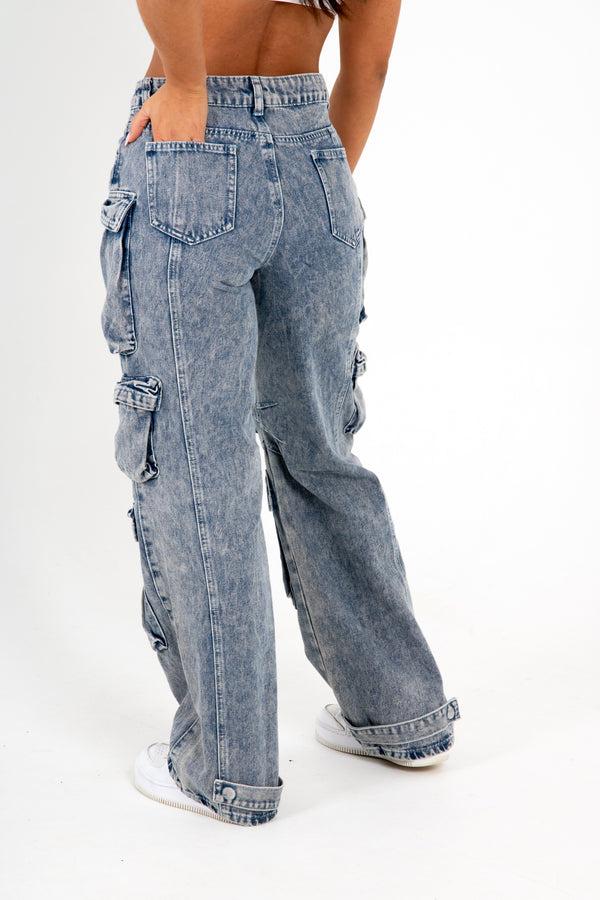 Liquor & Poker Acid Wash Blue Denim Wide Leg Cargo