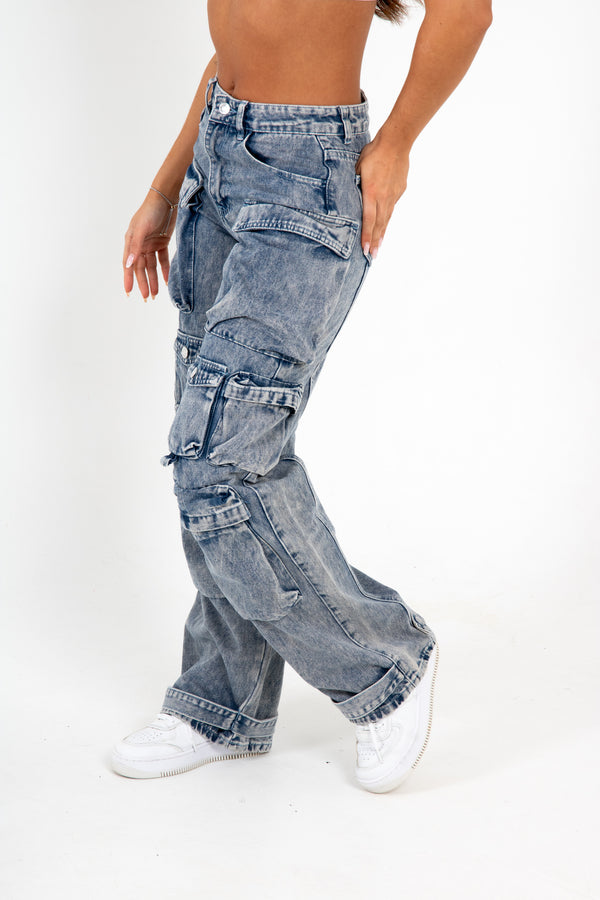 Liquor & Poker Acid Wash Blue Denim Wide Leg Cargo