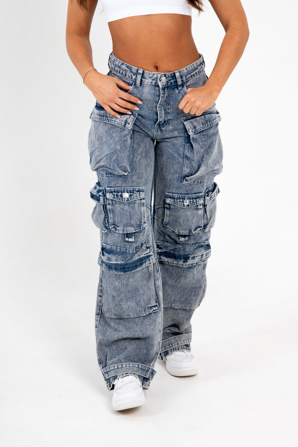 liquor & poker Acid Wash Blue Denim Wide Leg Cargo