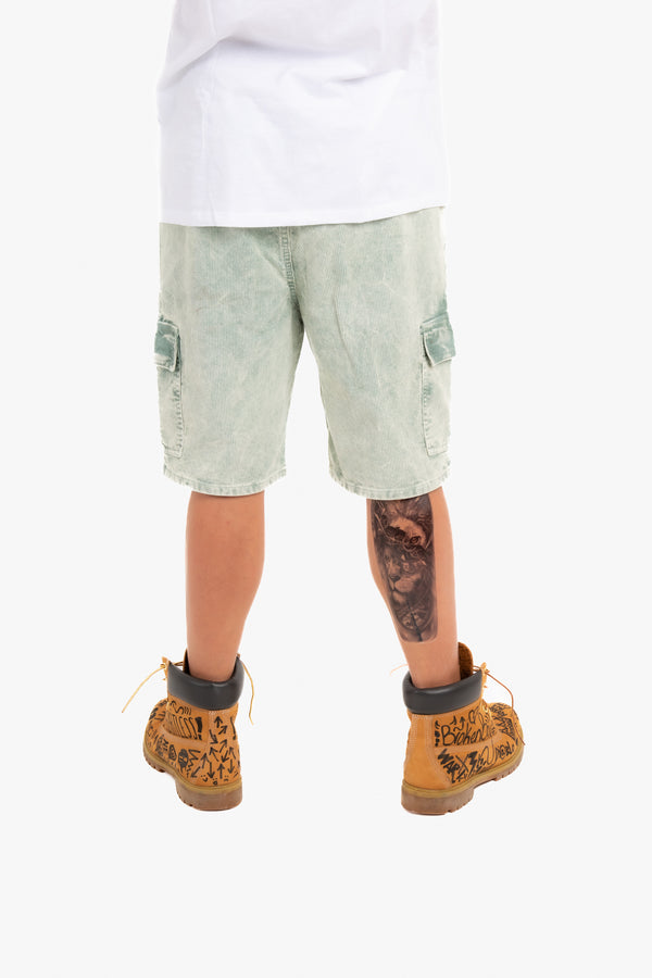 Liquor & Poker Acid Wash Green Corduroy Cargo Shorts