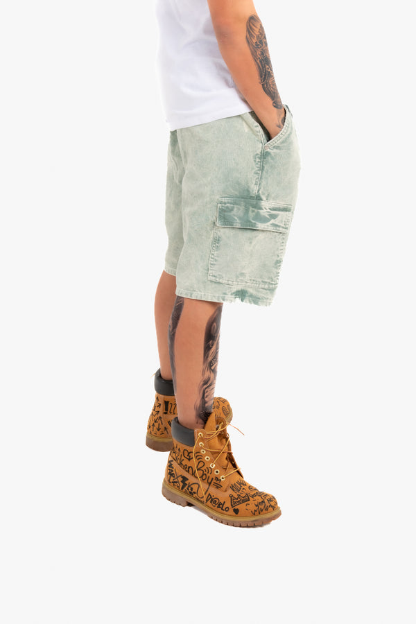 Liquor & Poker Acid Wash Green Corduroy Cargo Shorts