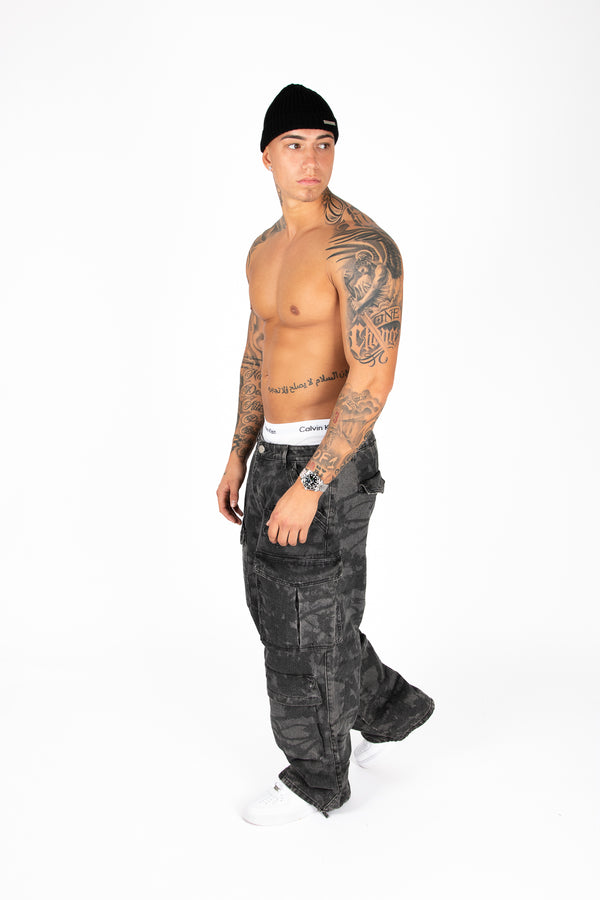 Liquor & Poker Black Floral Printed Cargos