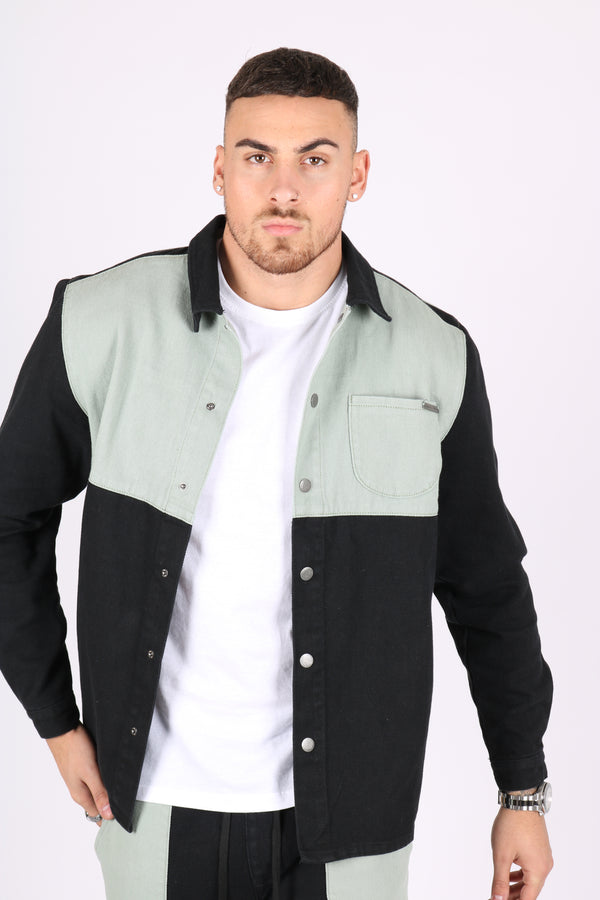 liquor & poker Black & Khaki Panelled Denim Shacket