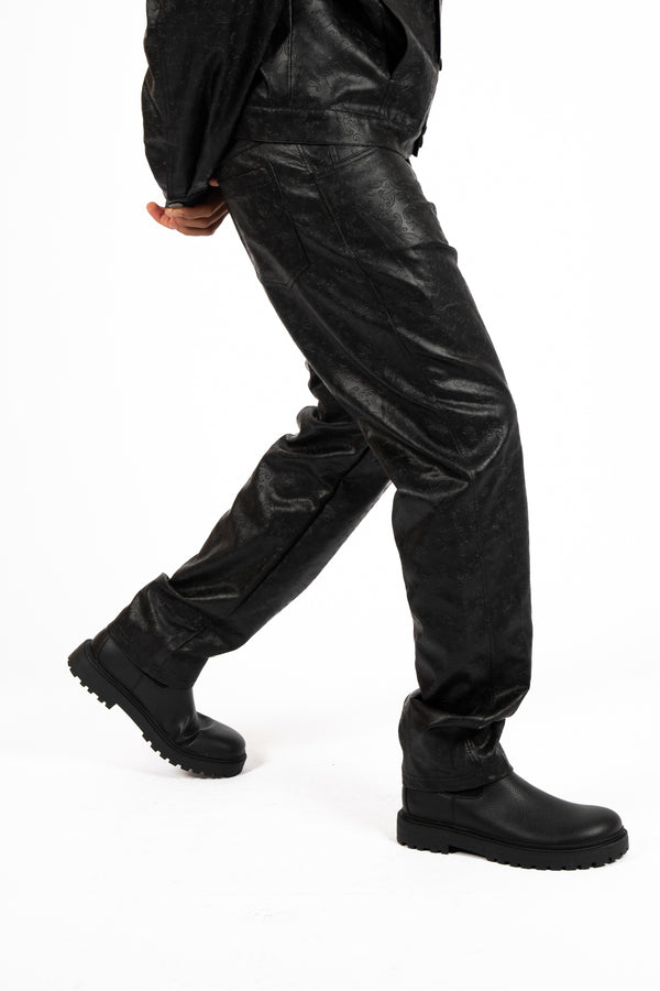 Liquor & Poker Black Pu Paisley Embossed Trouser