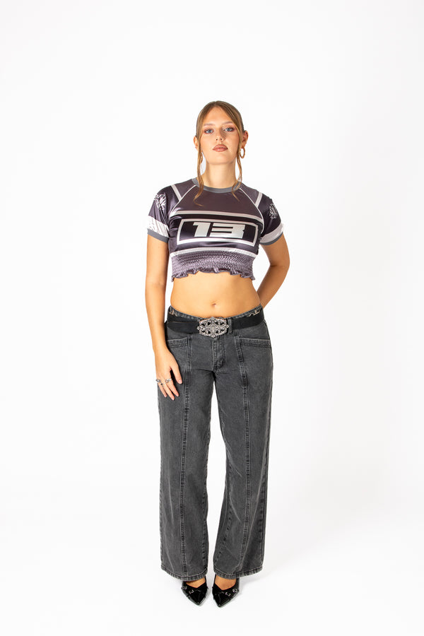 Liquor & Poker Black Ruched Varsity Cropped Tee