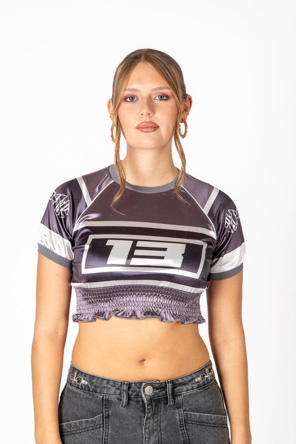 liquor & poker Black Ruched Varsity Cropped Tee