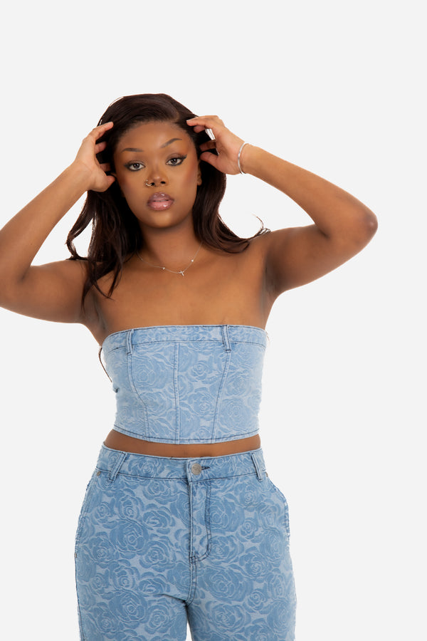 liquor & poker Blue Denim Floral Jacquard Bandeau