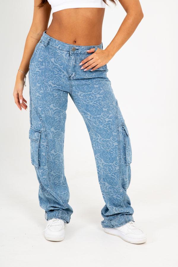 Liquor & Poker Blue Denim Floral Jacquard Cargo Jean