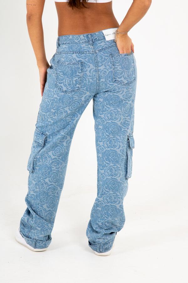 liquor & poker Blue Denim Floral Jacquard Cargo Jean