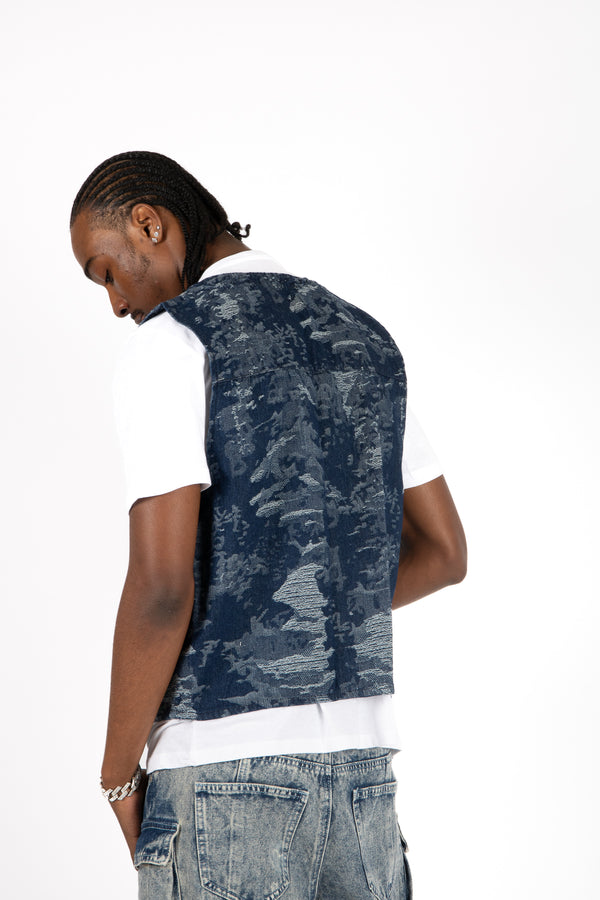 Liquor & Poker Blue Textured Camo Denim Gilet Vest