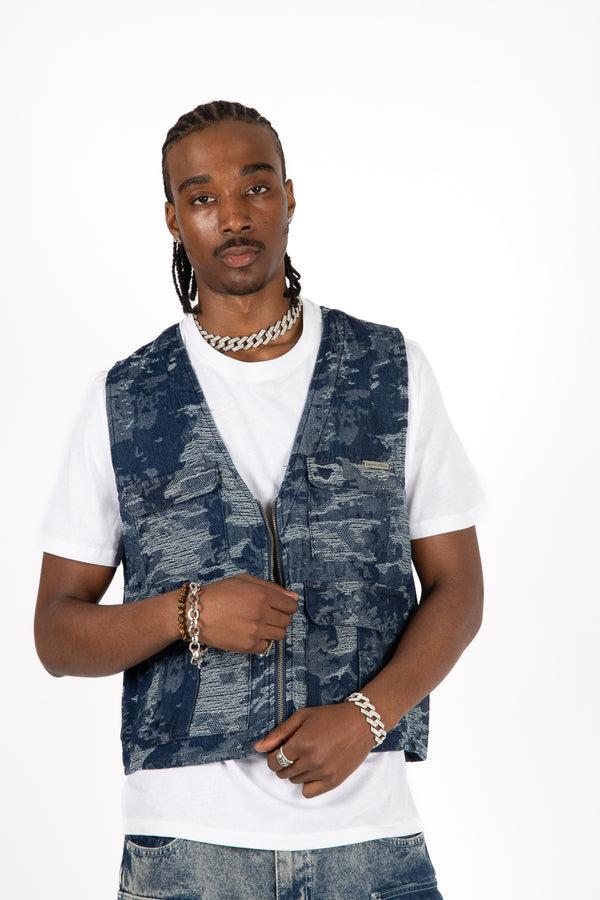 Liquor & Poker Blue Textured Camo Denim Gilet Vest
