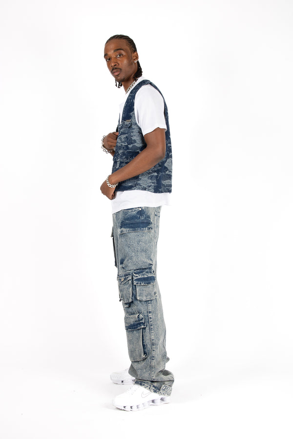 Liquor & Poker Blue Textured Camo Denim Gilet Vest