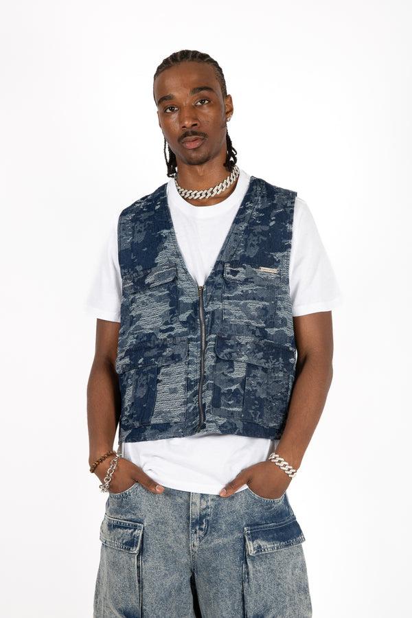 liquor & poker Blue Textured Camo Denim Gilet Vest