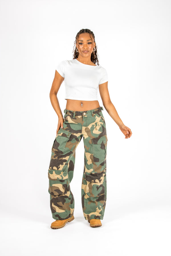 Liquor & Poker Camo Stud Detail Low Rise Cargos