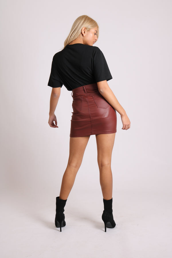 Liquor & Poker Coated Pu Mini Skirt In Burgundy