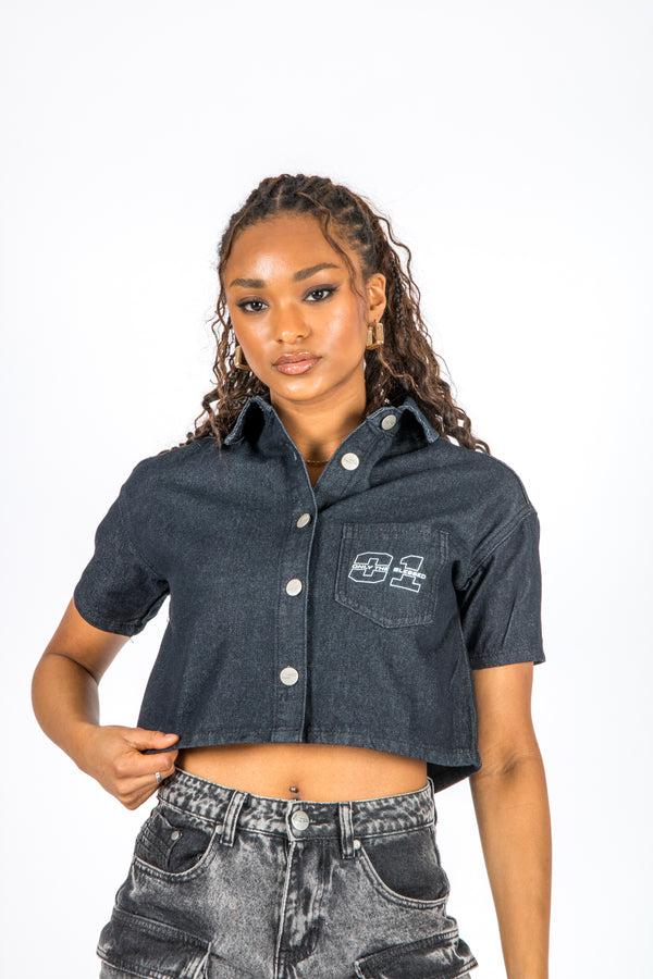 Liquor & Poker Cropped Denim Relaxed Varsity Shirt