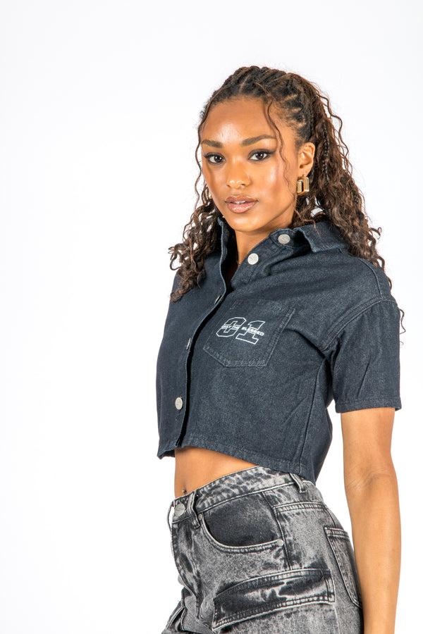 Liquor & Poker Cropped Denim Relaxed Varsity Shirt