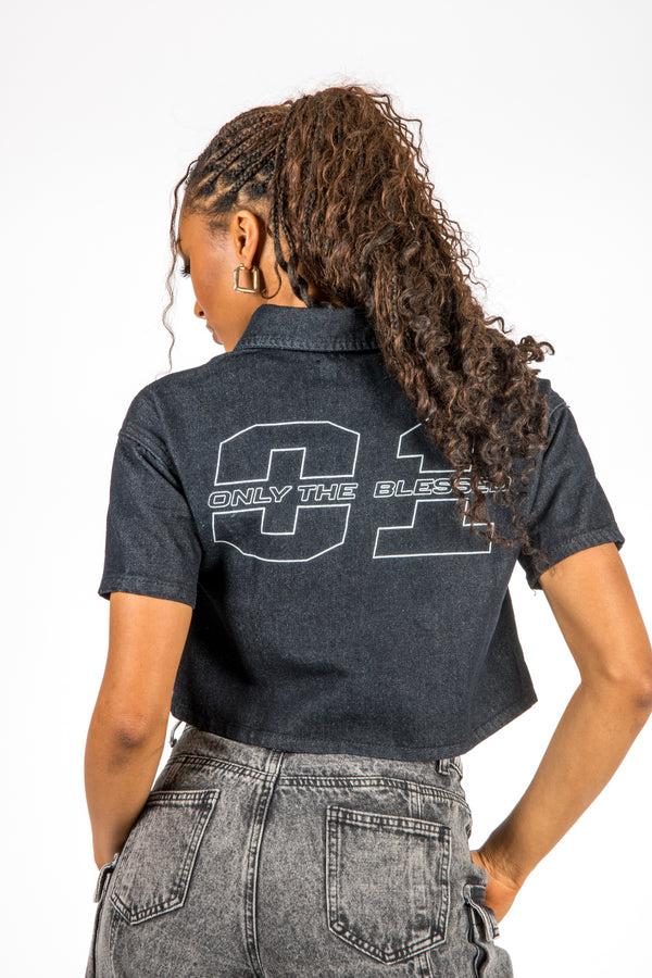 liquor & poker Cropped Denim Relaxed Varsity Shirt