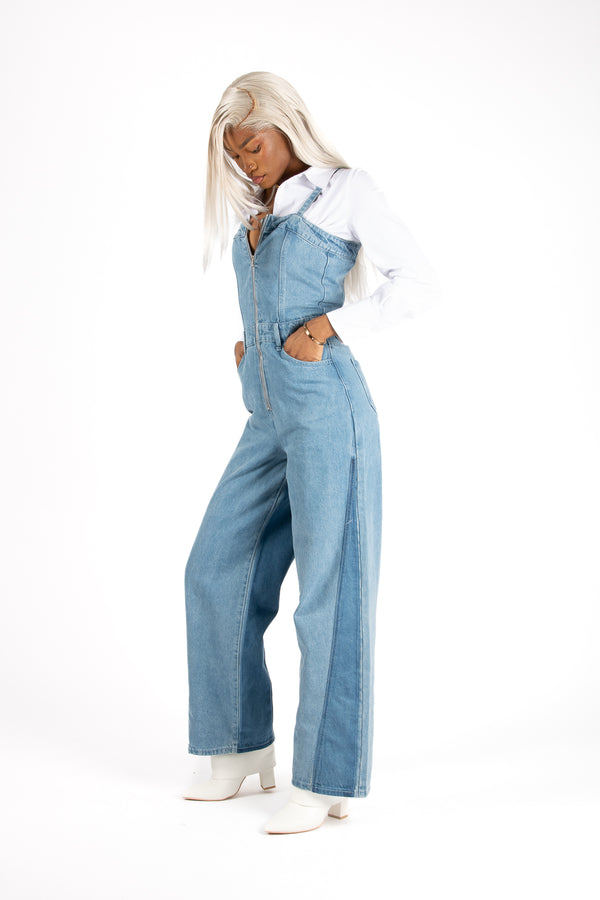 Liquor & Poker Denim Panel Wide Leg Jumpsuit