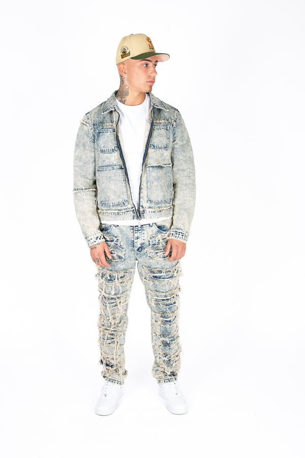 liquor & Poker DISTRESSED ZIP UP DENIM JACKET