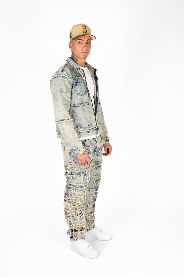 liquor & Poker DISTRESSED ZIP UP DENIM JACKET
