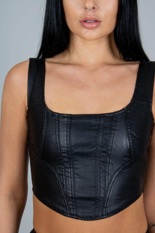 liquor & poker Fae Black Faux Leather Crop Top