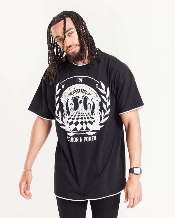 liquor & poker Greek Emblem Printed Black T-Shirt