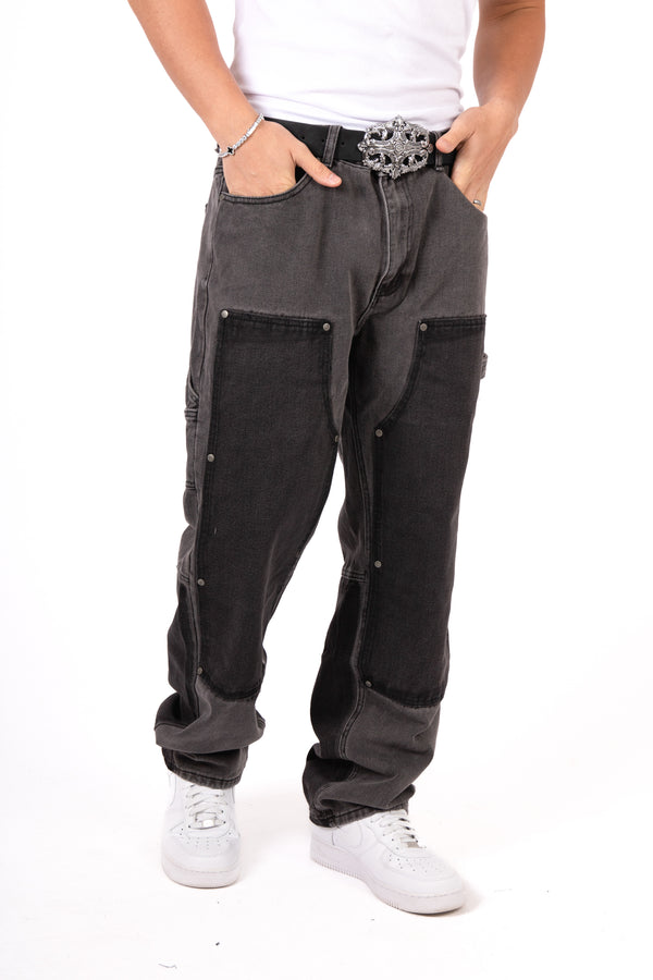 liquor & poker Grey & Black Patchwork Frayed Hem Jeans