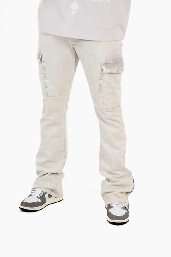Liquor & Poker Grey Corduroy Slim Stacked Cargo