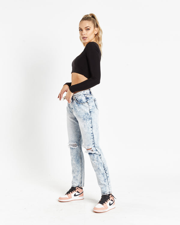 Liquor & Poker Ice-Wash Ripped Knee Mom Jeans