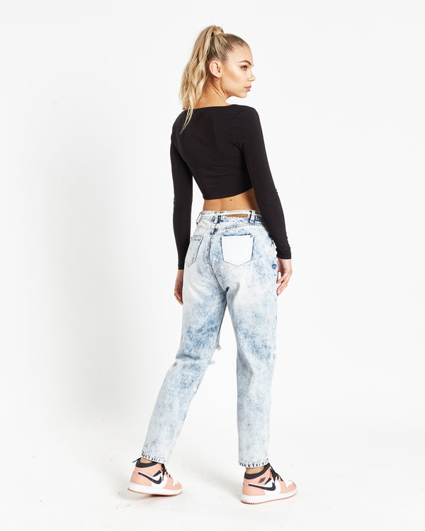 Liquor & Poker Ice-Wash Ripped Knee Mom Jeans
