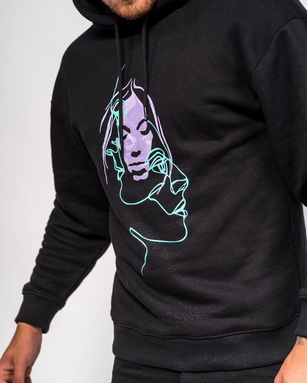 Liquor & Poker Illustrated Faces Relaxed Black Hoody