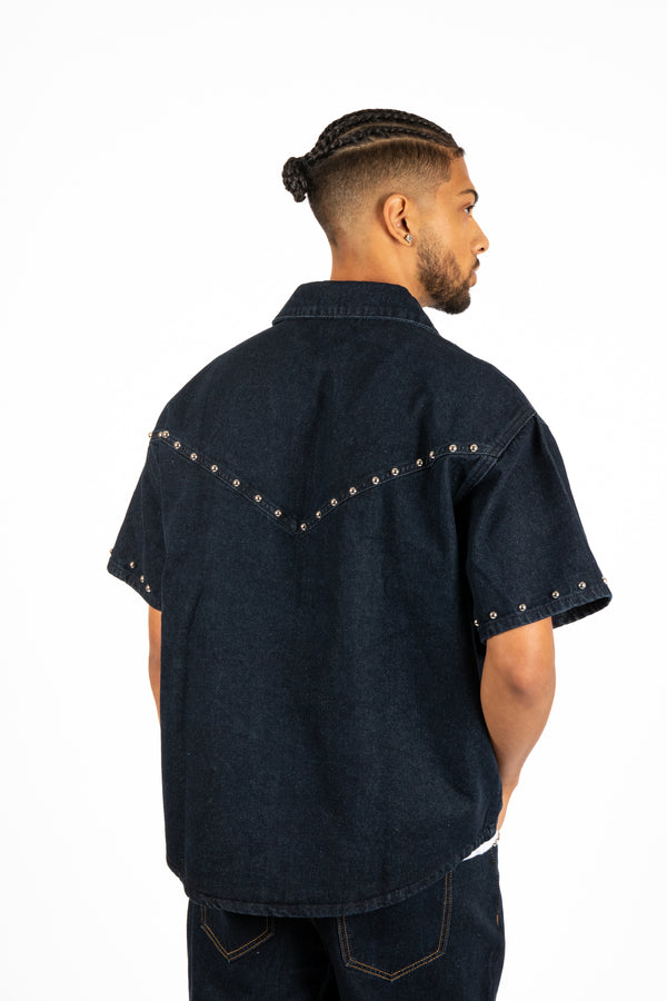 Liquor & Poker Indigo Denim Shirt With Stud Detail