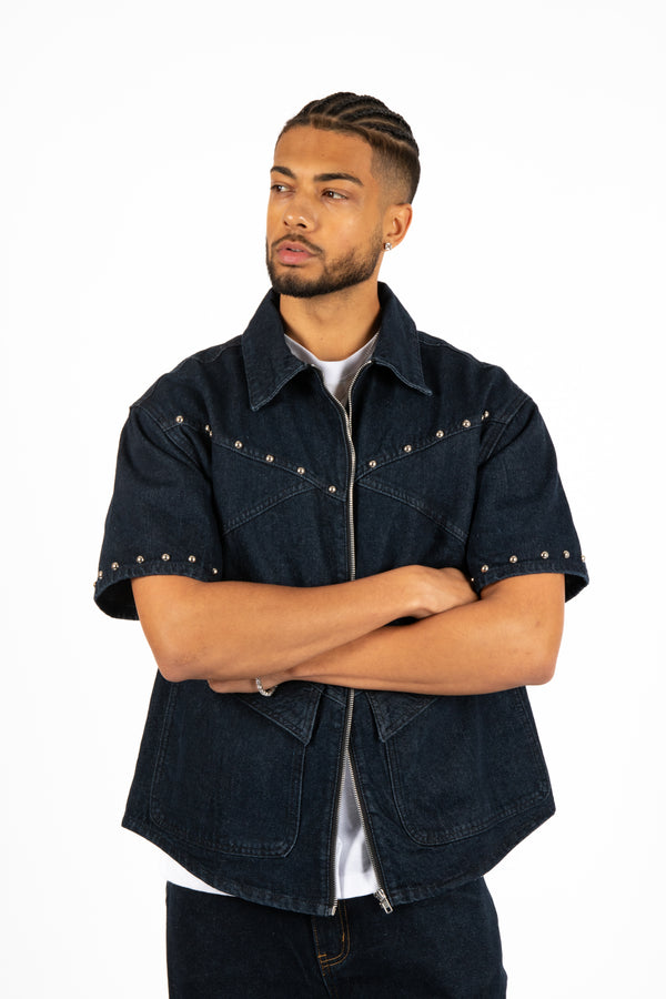 Liquor & Poker Indigo Denim Shirt With Stud Detail